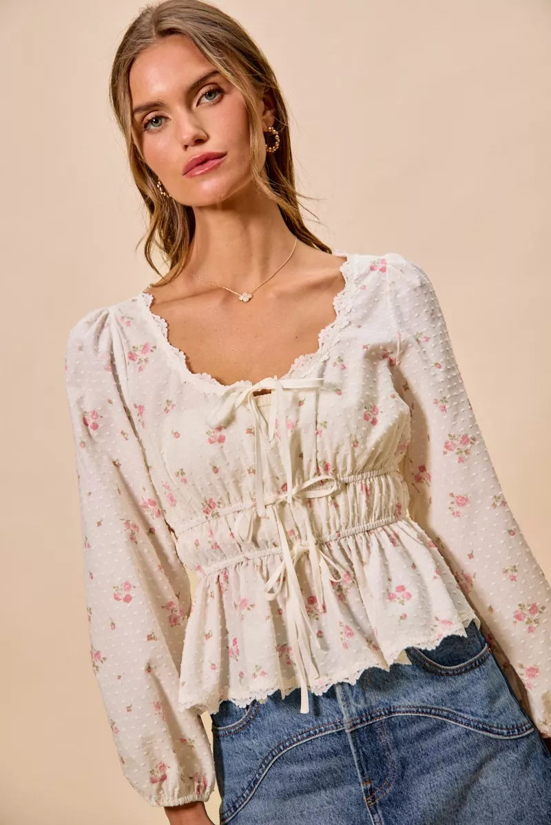 SO ME Floral Clip Dot Lace Trim Ruched Bodice Blouse