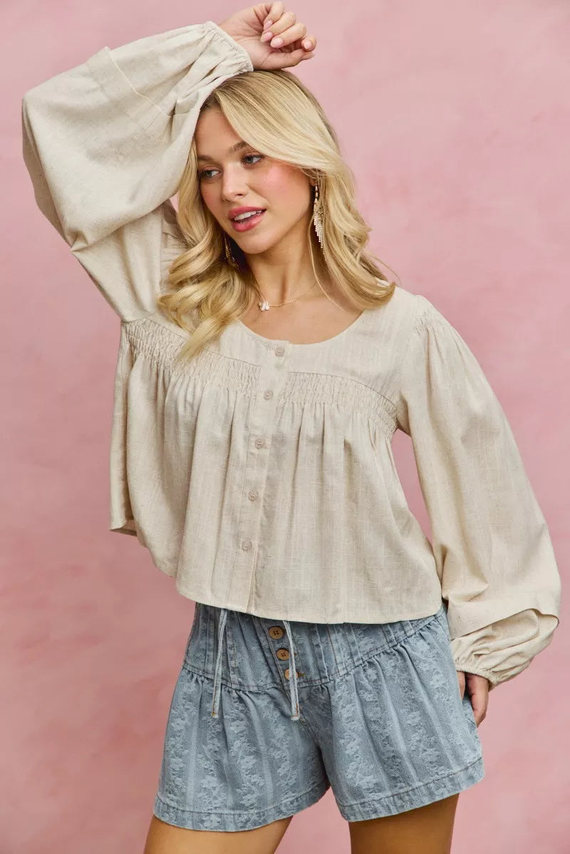 SO ME Linen Blend Woven Long Sleeve With Smocking Top