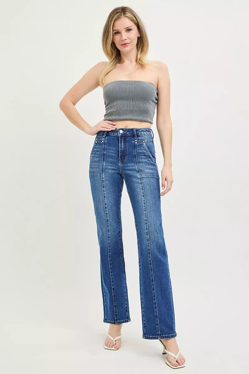 RISEN High Rise Straight Patch Pocket Seamed Jeans