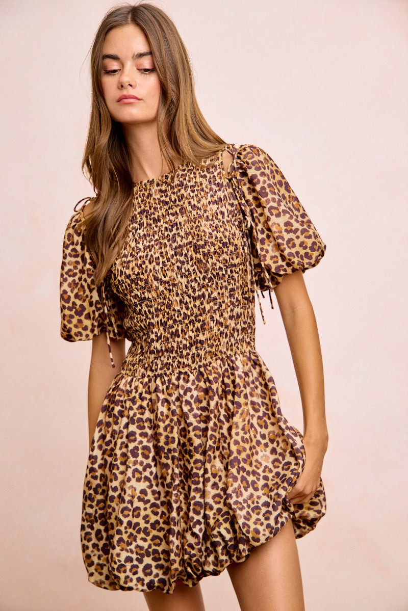 BiBi Leopard Bow Tie Attachable Puff Sleeves Dress