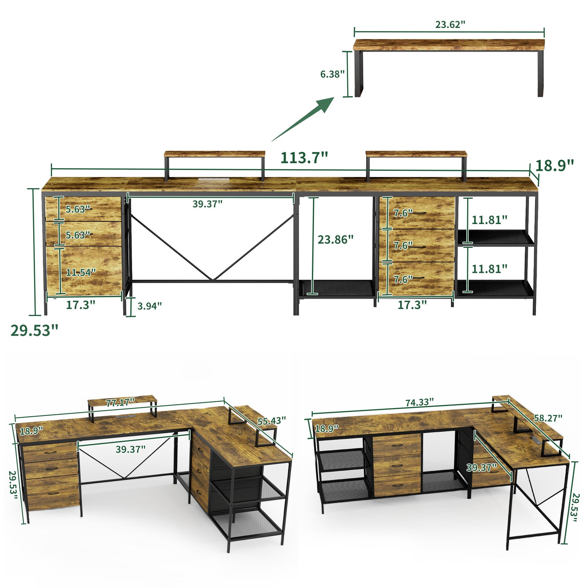 Industrial L-Shaped Computer Desk with Power Outlets & USB-C, Rustic Brown Metal Frame, 6 Fabric Drawers, 3 Open Shelves, Movable Monitor Stands, 114 Inch Corner Office Desk for Gaming and Work
