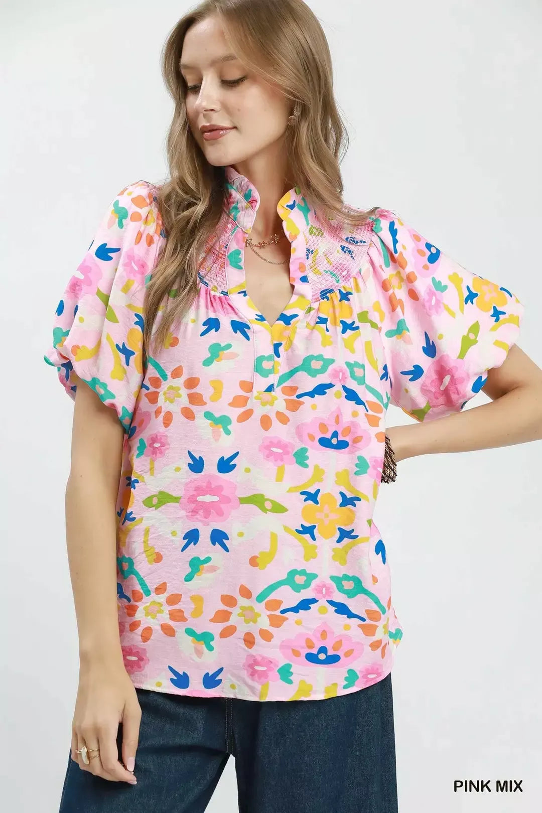 Umgee Folk Art Print Top with Smocked Detail