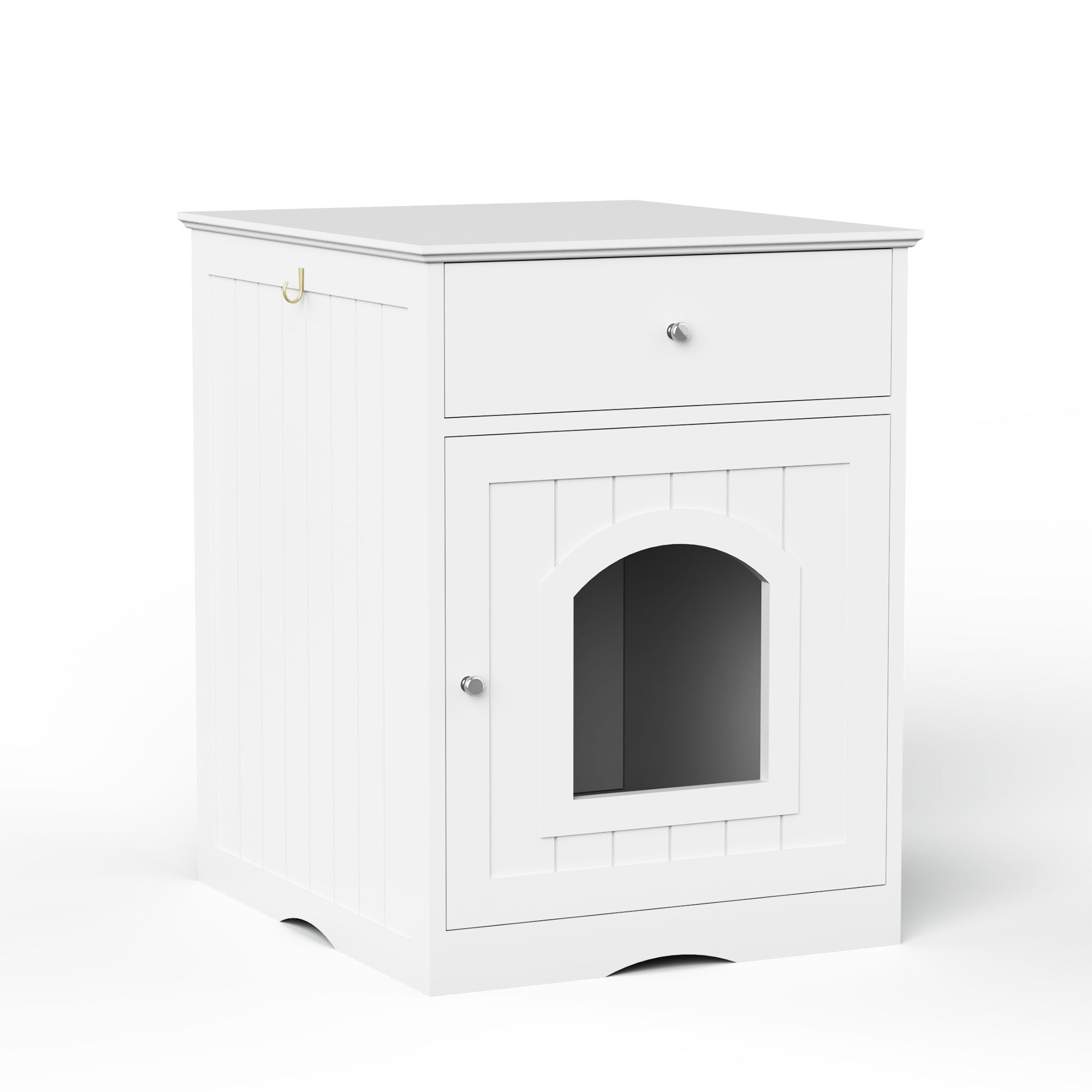 White Wooden Pet House Cat Litter Box Enclosure with Drawer and Side Table, Indoor Cat Home Nightstand for Small Cats, MDF Construction, 18.9'' W x 20.9'' D x 25'' H