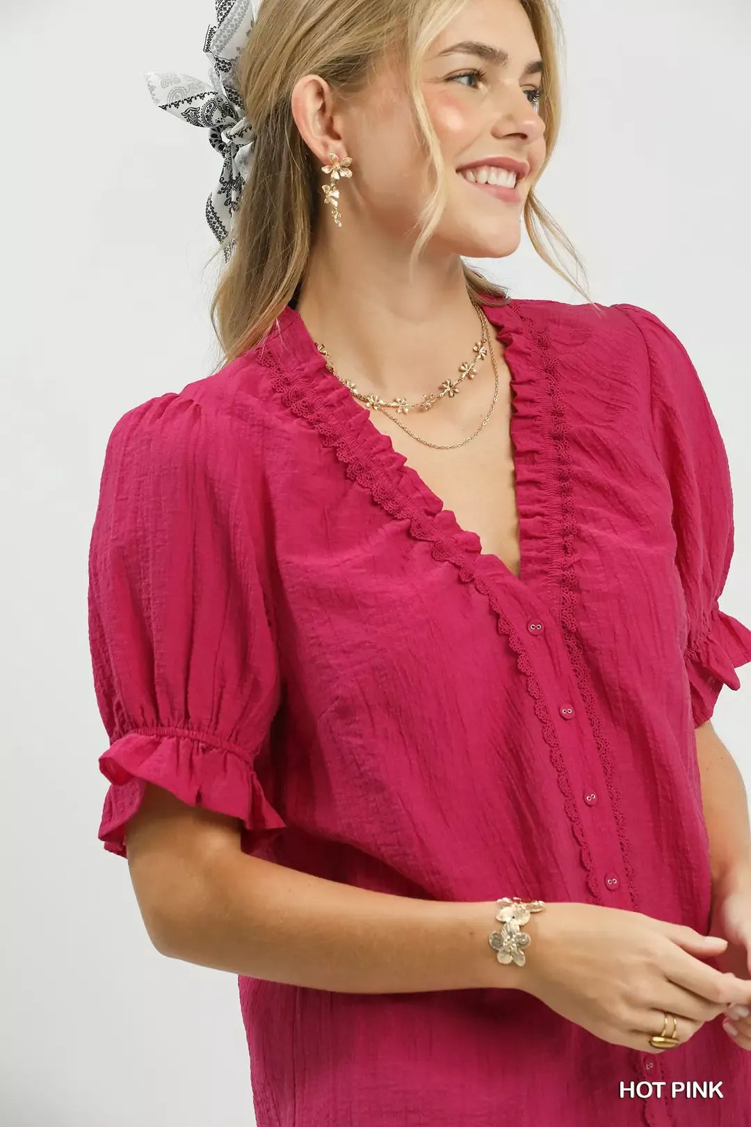 Umgee Textured Button-Front Puff Sleeve Top