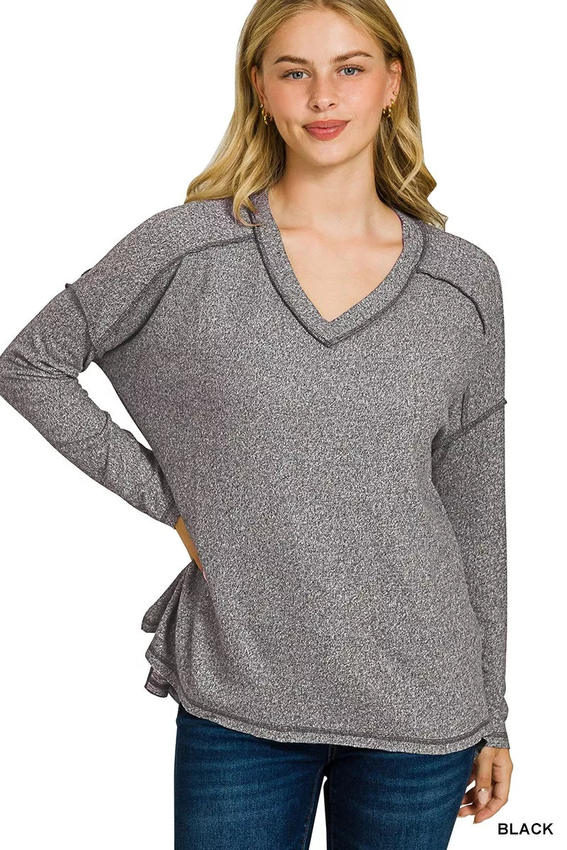 Zenana Soft Melange Hacci Exposed Seam Hi-low Tee