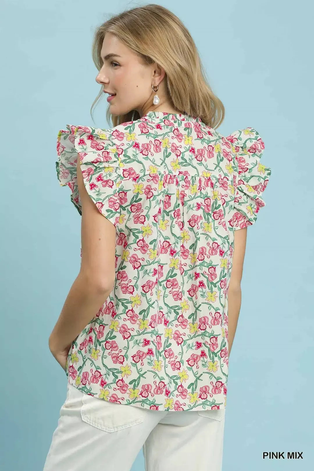 Umgee Floral Print Ruffle  Cap Sleeve Shirt