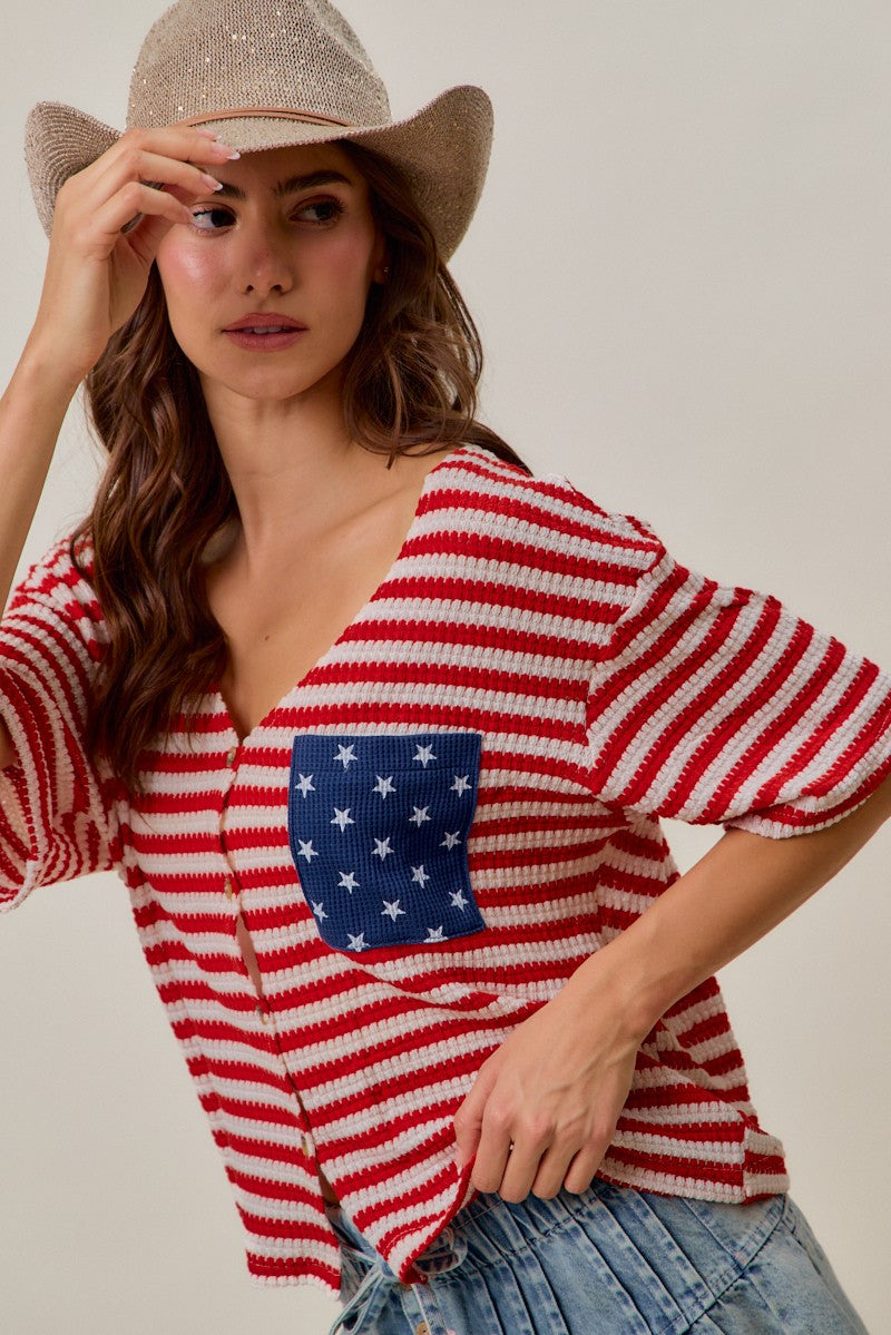 SO ME Stripe Waffle Knit Fourth Of July Cardigan Top