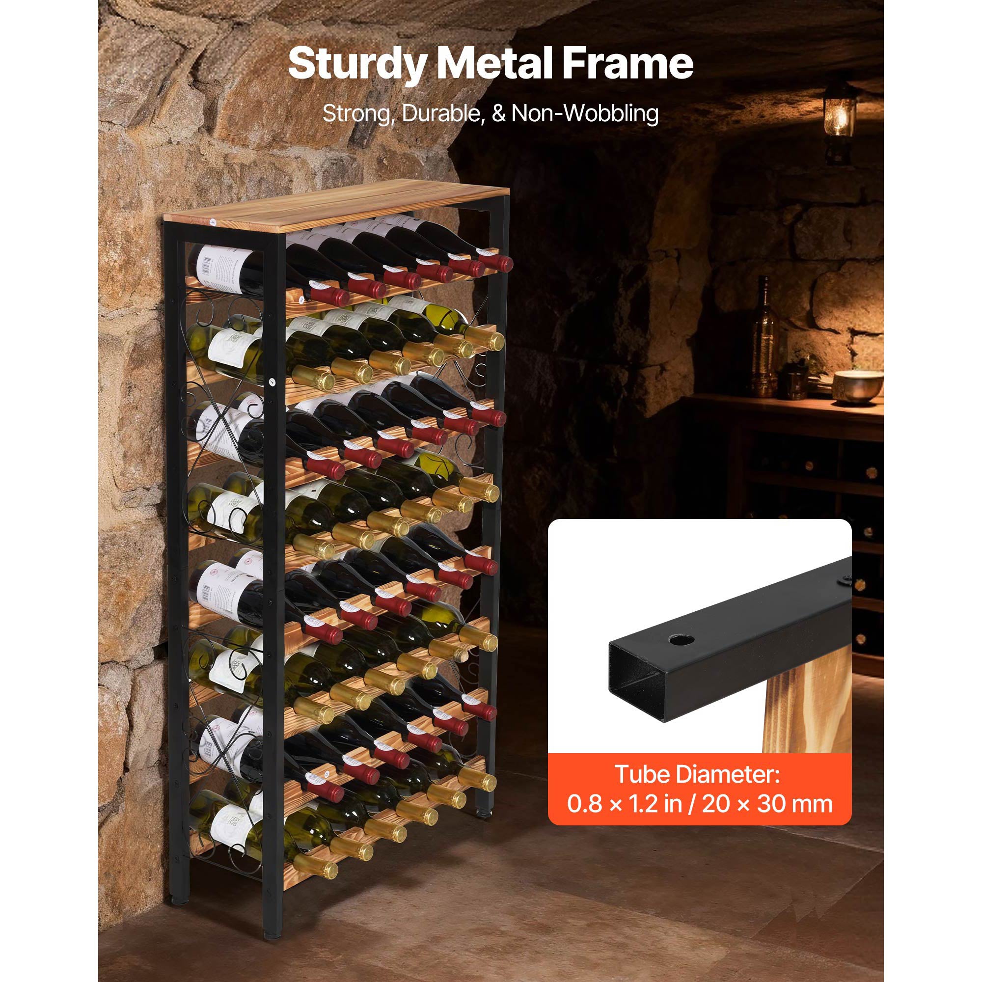 48 Bottle Wine Rack,8-Tier Wine Bottle Holder,Freestanding Floor Display Wine Storage Shelves with Wood Table Top,For Kitchen Pantry, Cellar, Bar, Dining Room, Living Room, Black