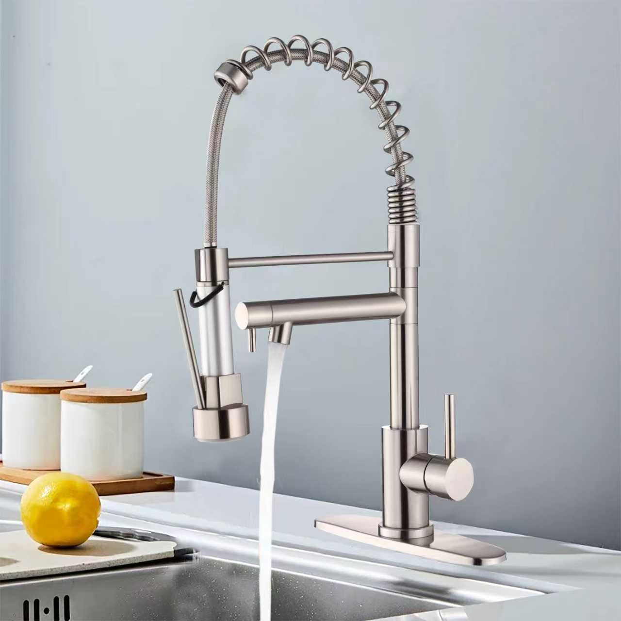 Kitchen Faucet with Pull Down Sprayer, Touch On Single Handle 2- Function Stainless Steel Spring Neck, Single Hole Installation for Residential, Commercial, RV, Bar & More, Brushed Nickel