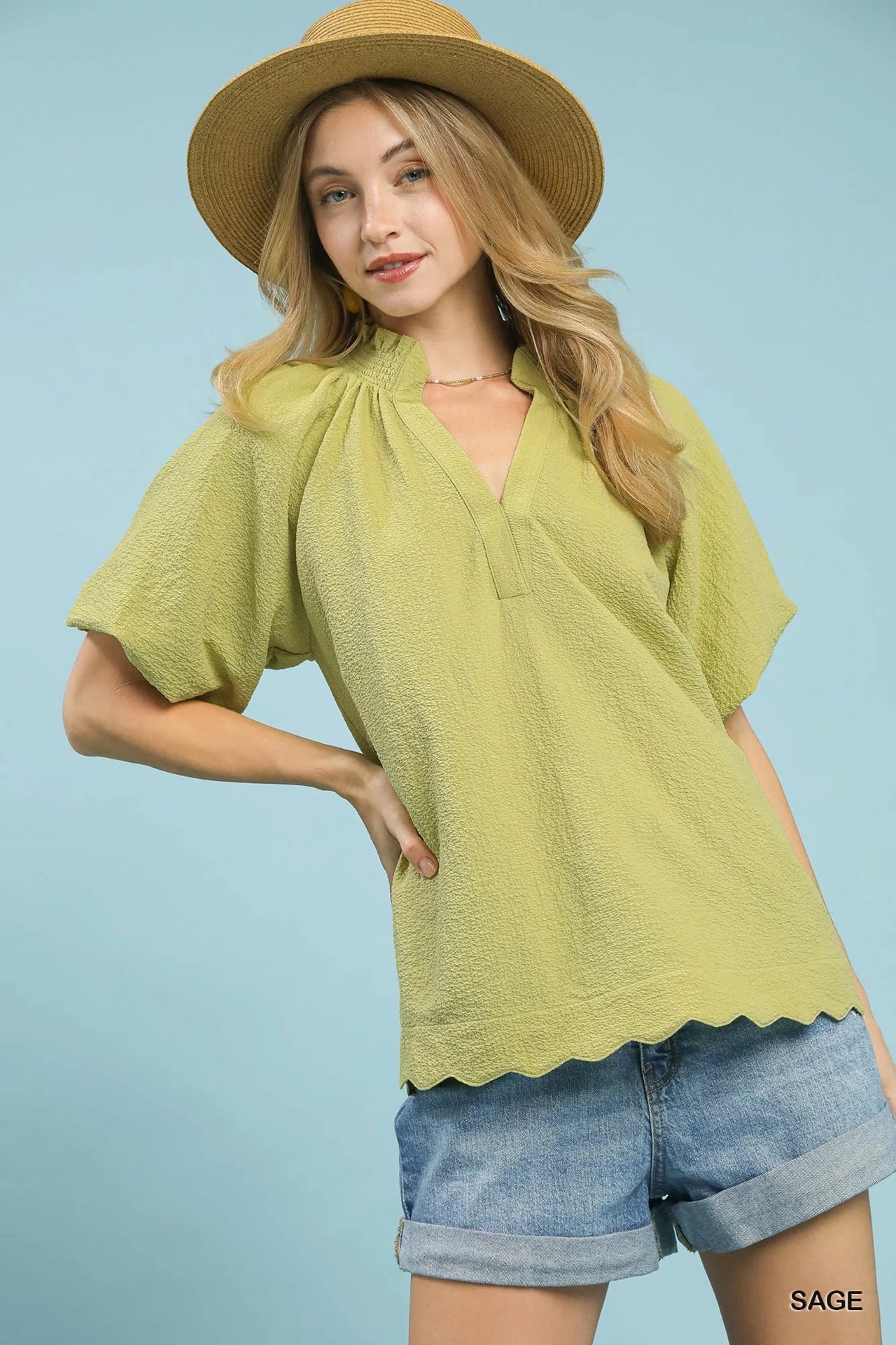 Umgee Scalloped Hem Textured Blouse
