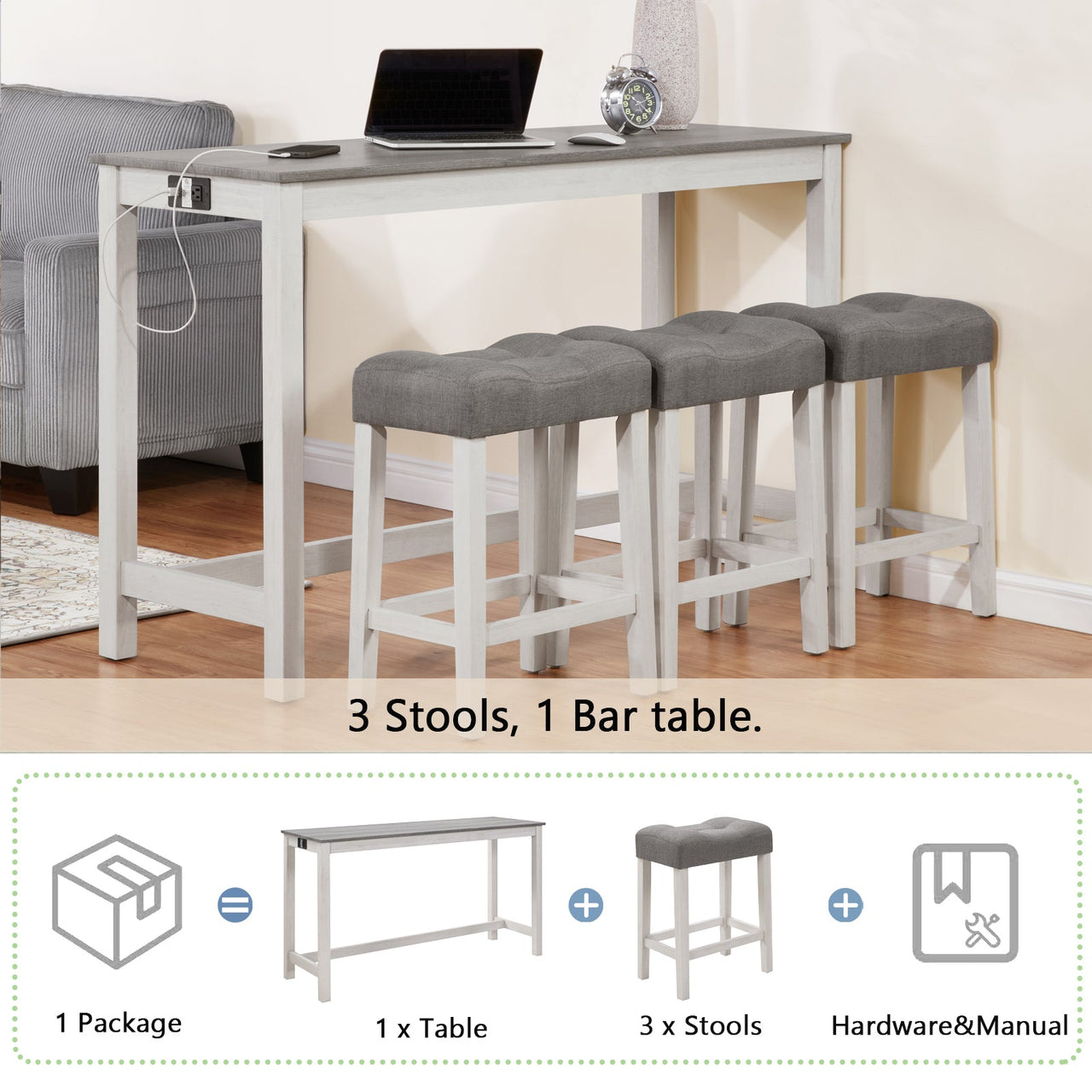 4 Piece Bar Table Set with Power Outlet,Bar Table Set with Chairs,Sofa Bar Table with Stools,Behind Couch Table with 3 Padded Stools,for Living Room,Dining room, White & Grey