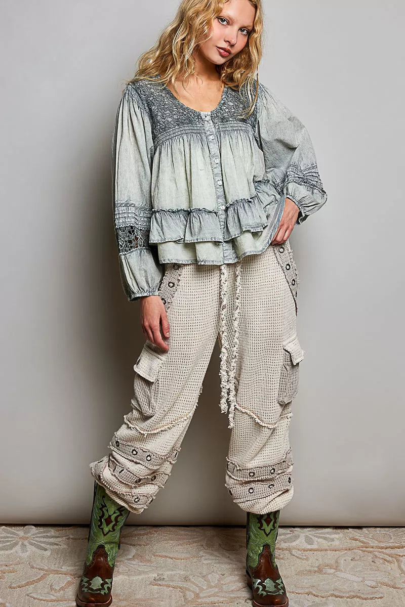 POL Washed Layered Lace Pintuck Flared Woven Blouse