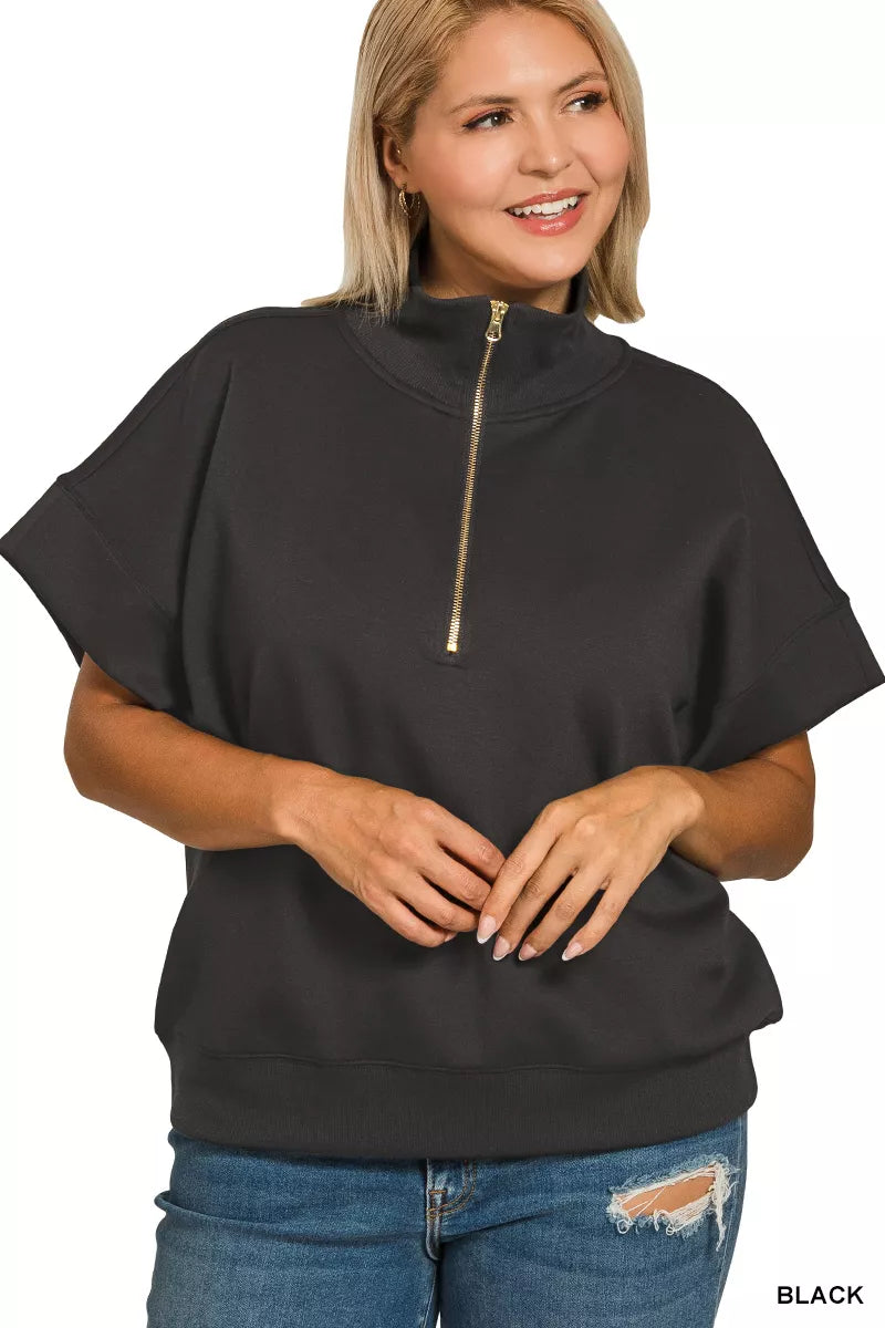 Zenana Full Size Scuba High Neck Half Zip Short Sleeve Top Plus Size