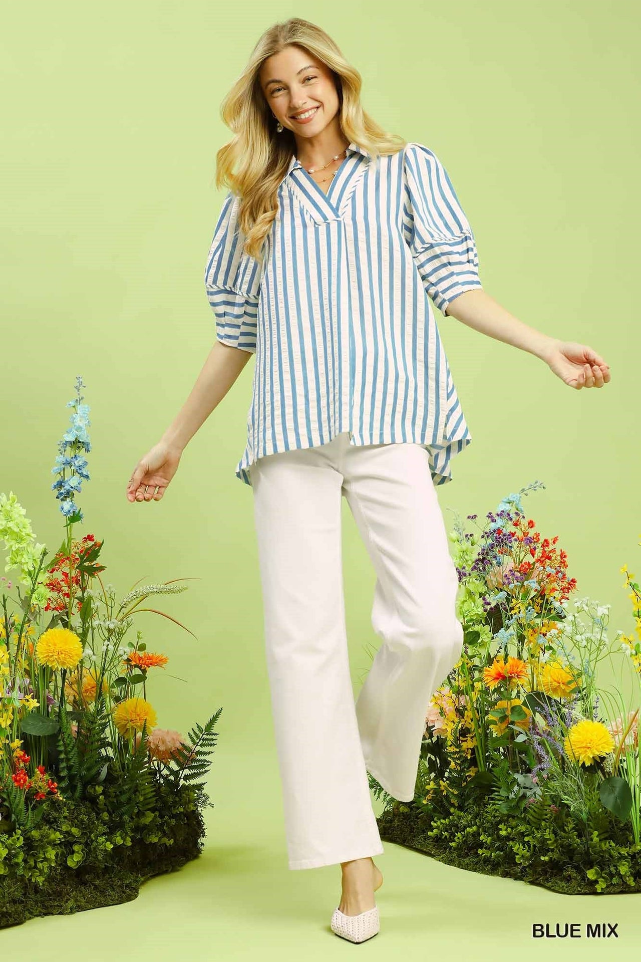 Umgee Striped Puff Sleeve Blouse
