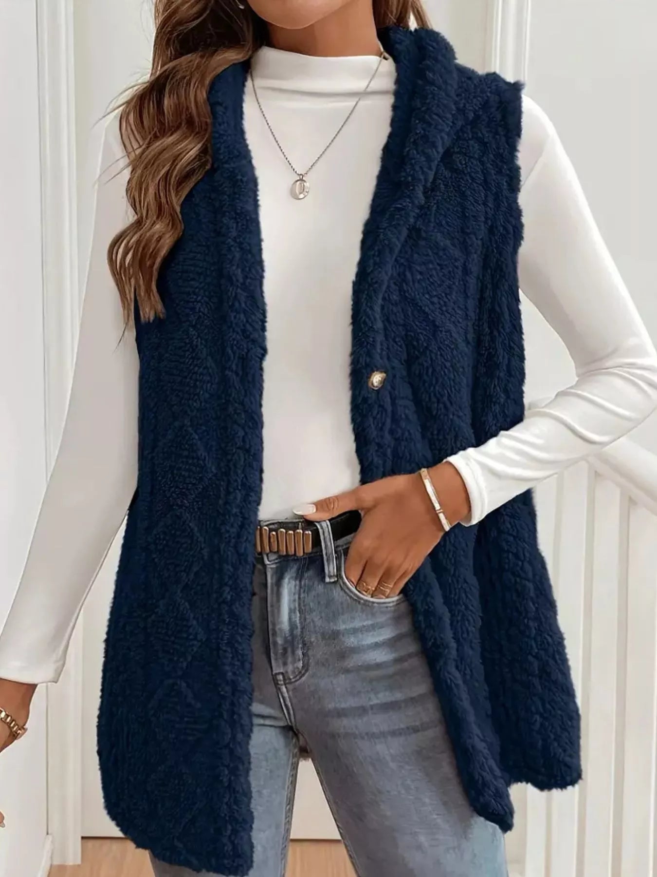 Button-Down Sherpa Hooded Vest Coat