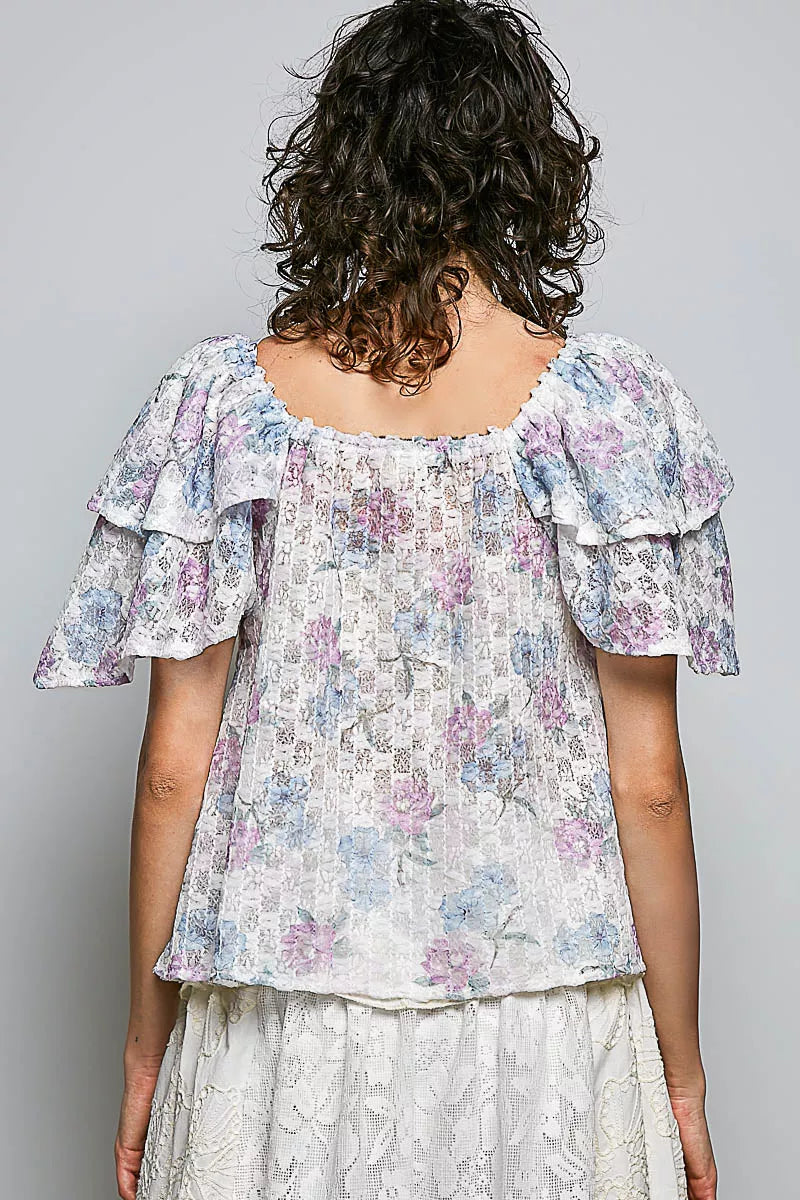 POL Lace Detail Floral Tie Front Ruffle Short Sleeve Blouse