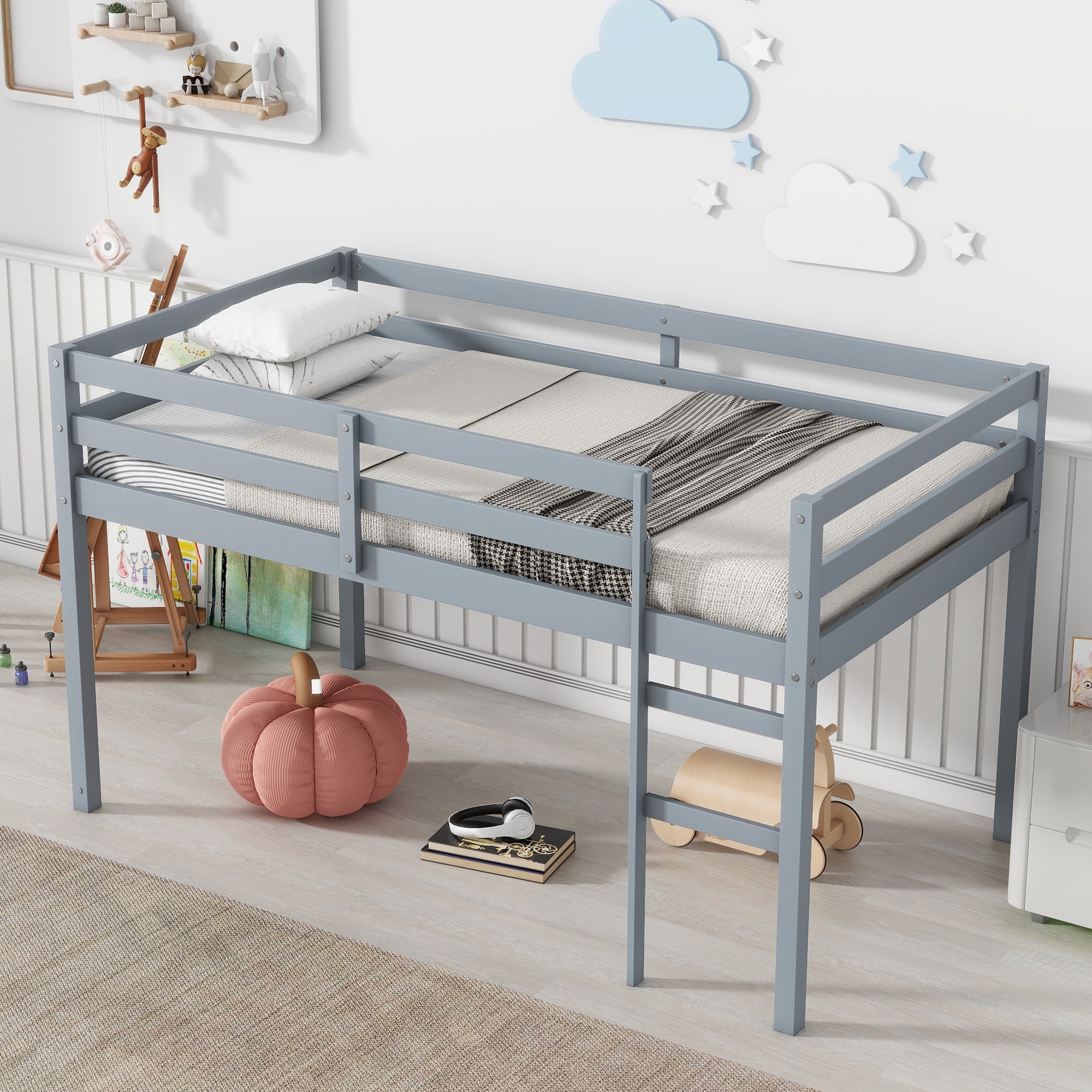 Solid Wooden, Rubber Wooden Twin Loft Bed with Ladder, Bed Platform of Strengthened Slats , Grey