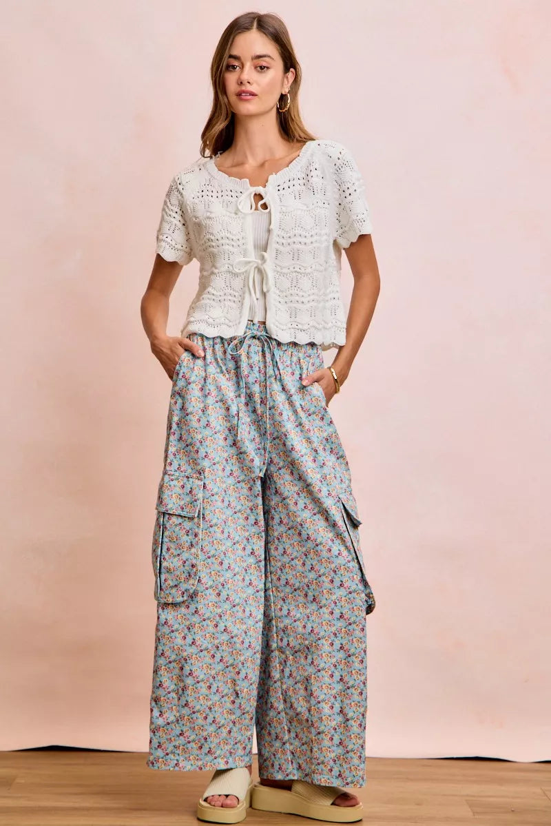 BiBi Front Bow Tie Detail Pointelle Knit Top