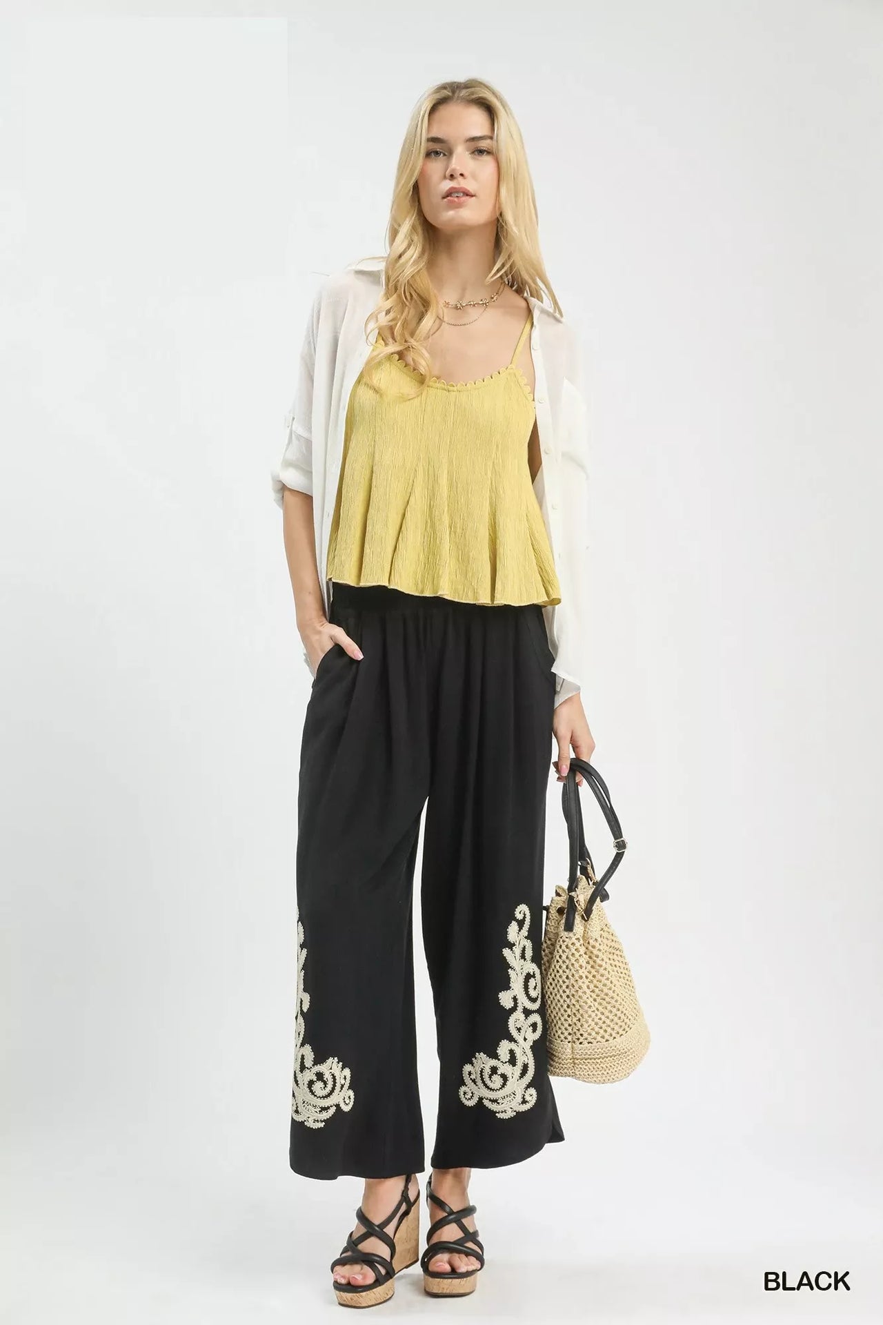 Umgee Linen Embroidered Wide-Leg Boho Pants