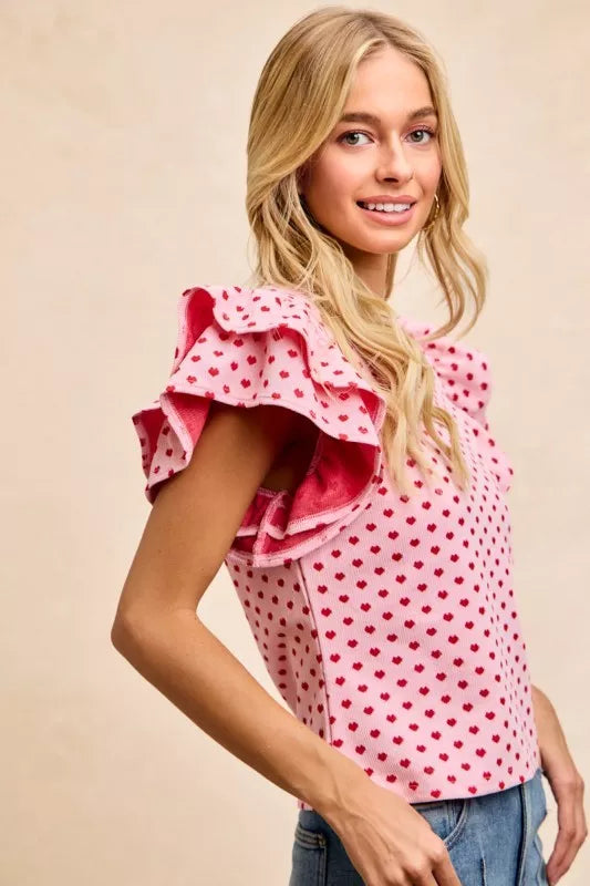 BiBi Heart Patterned Knit Ruffled Sleeves Top