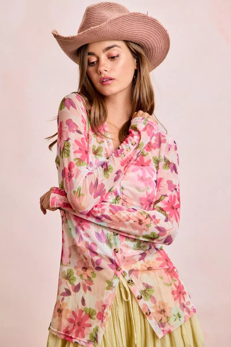 BiBi Floral Shrried Detail Button Up Mesh Cardigan Top