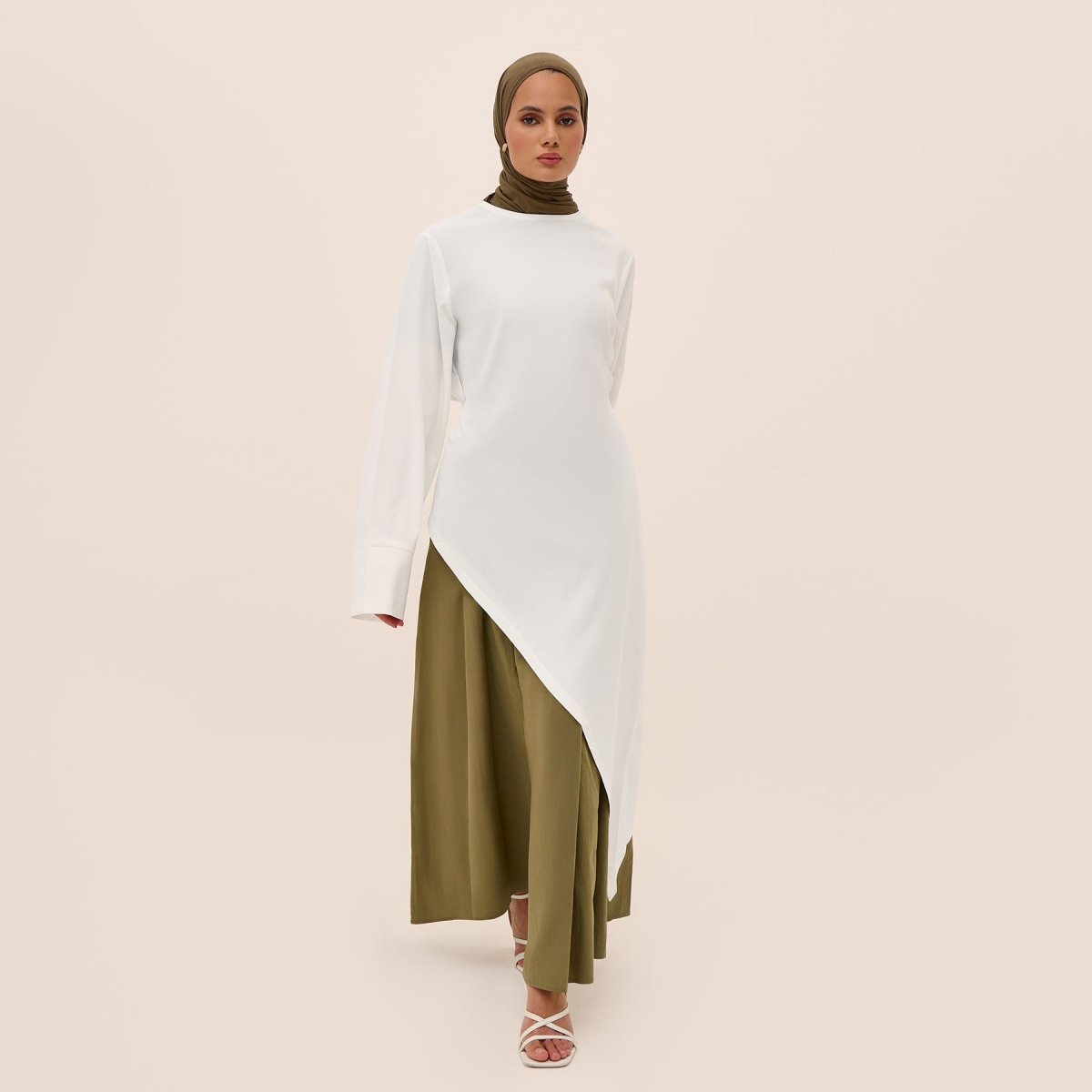 Elegant Asymmetric Top & Maxi Skirt Set | Cotton Linen Two-Piece Outfit (MS184)