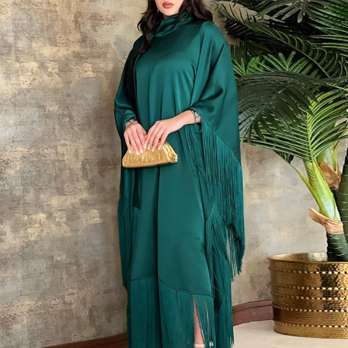 Bat Sleeve Tassel Kaftan | Party Dress with Flowy Fringe Details (MA288)