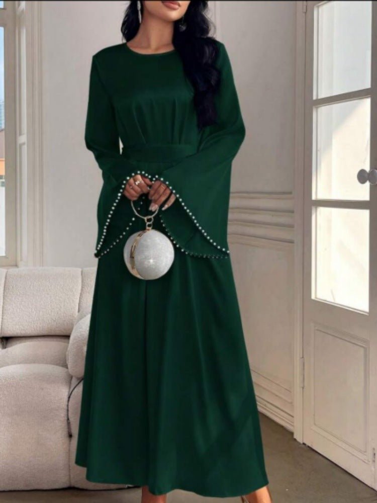 Elegant Beaded Pear Long Sleeve Maxi Dress Abaya with Flared Cuffs & Waist Tie (MA200)