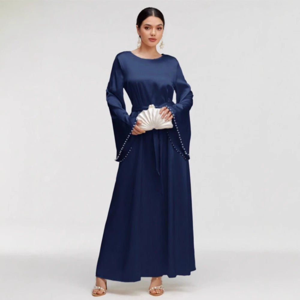Elegant Beaded Pear Long Sleeve Maxi Dress Abaya with Flared Cuffs & Waist Tie (MA200)