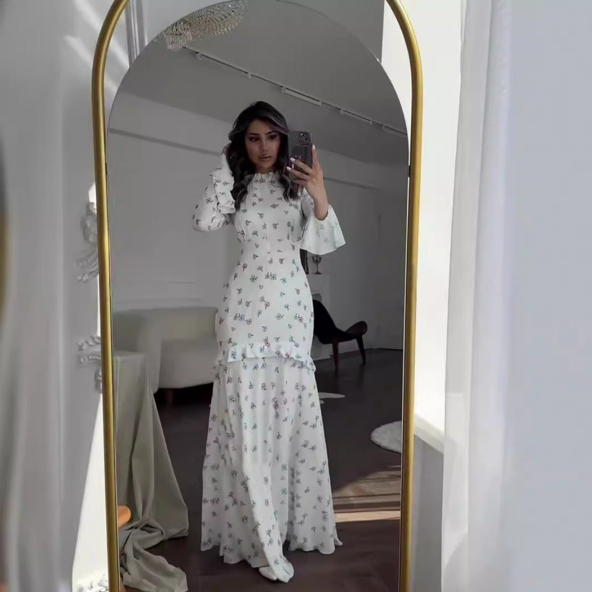 Elegant Bell Sleeve Romantic White Floral Ruffle Maxi Gown Abaya with Cascading Hem (MA226)