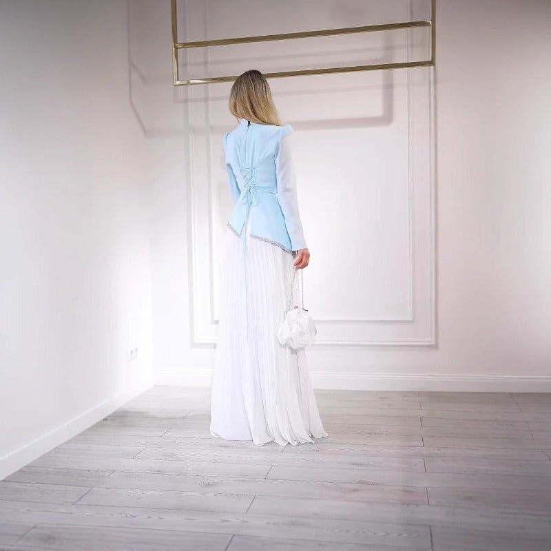 Elegant Blue White Chiffon Evening Dress | High Neck Pleated Maxi Dress(MA298)
