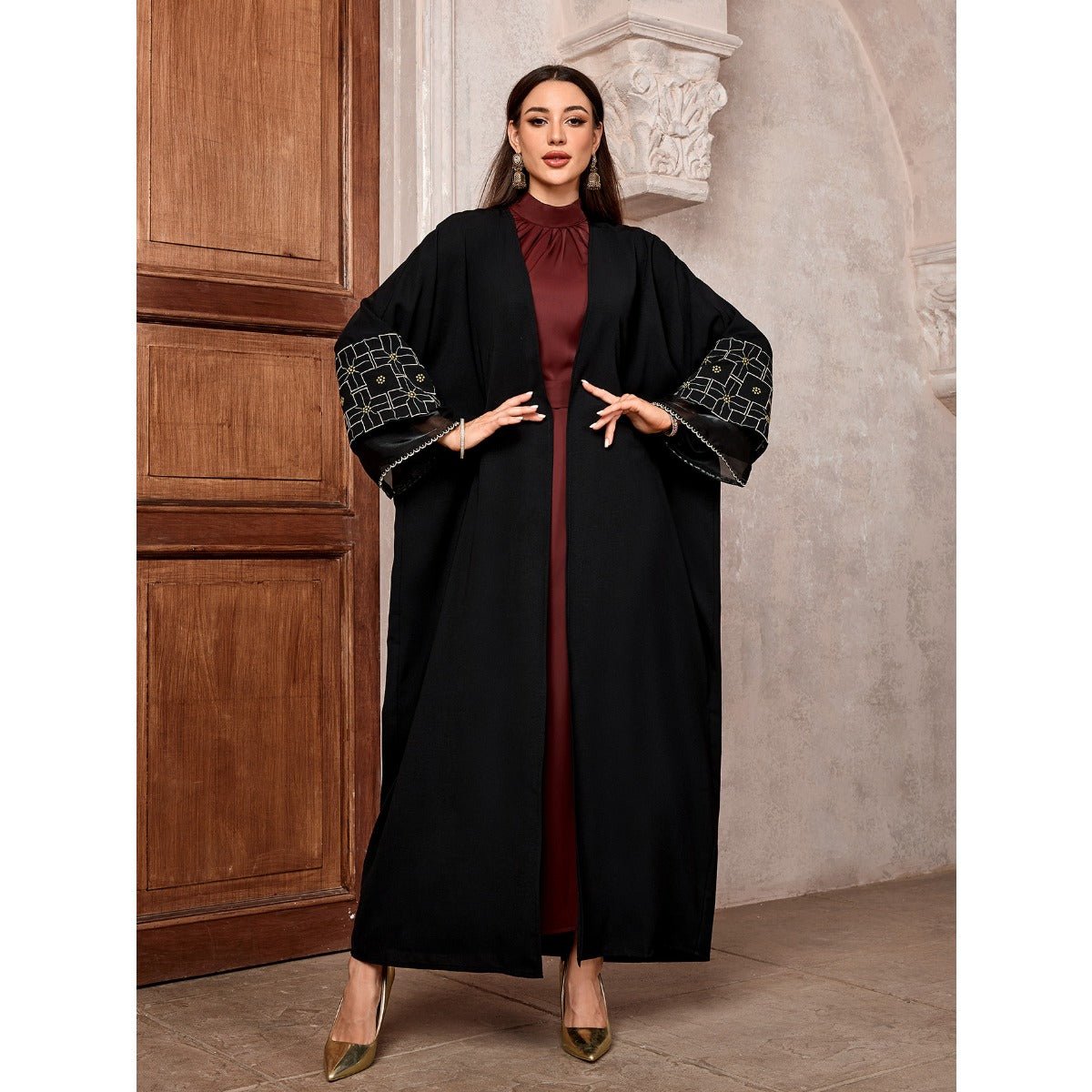 Elegant Brown & Black Bat Sleeve Robe Abaya | Gold Thread Embroidered Maxi Dress with Detachable Belt(MOA215)