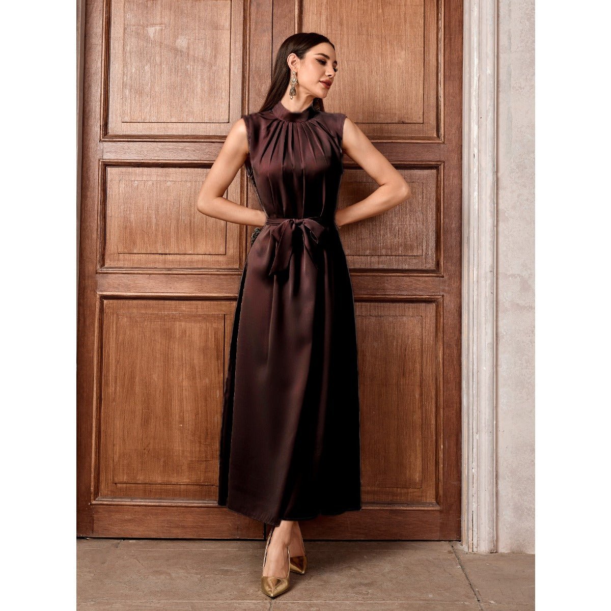 Elegant Brown & Black Bat Sleeve Robe Abaya | Gold Thread Embroidered Maxi Dress with Detachable Belt(MOA215)
