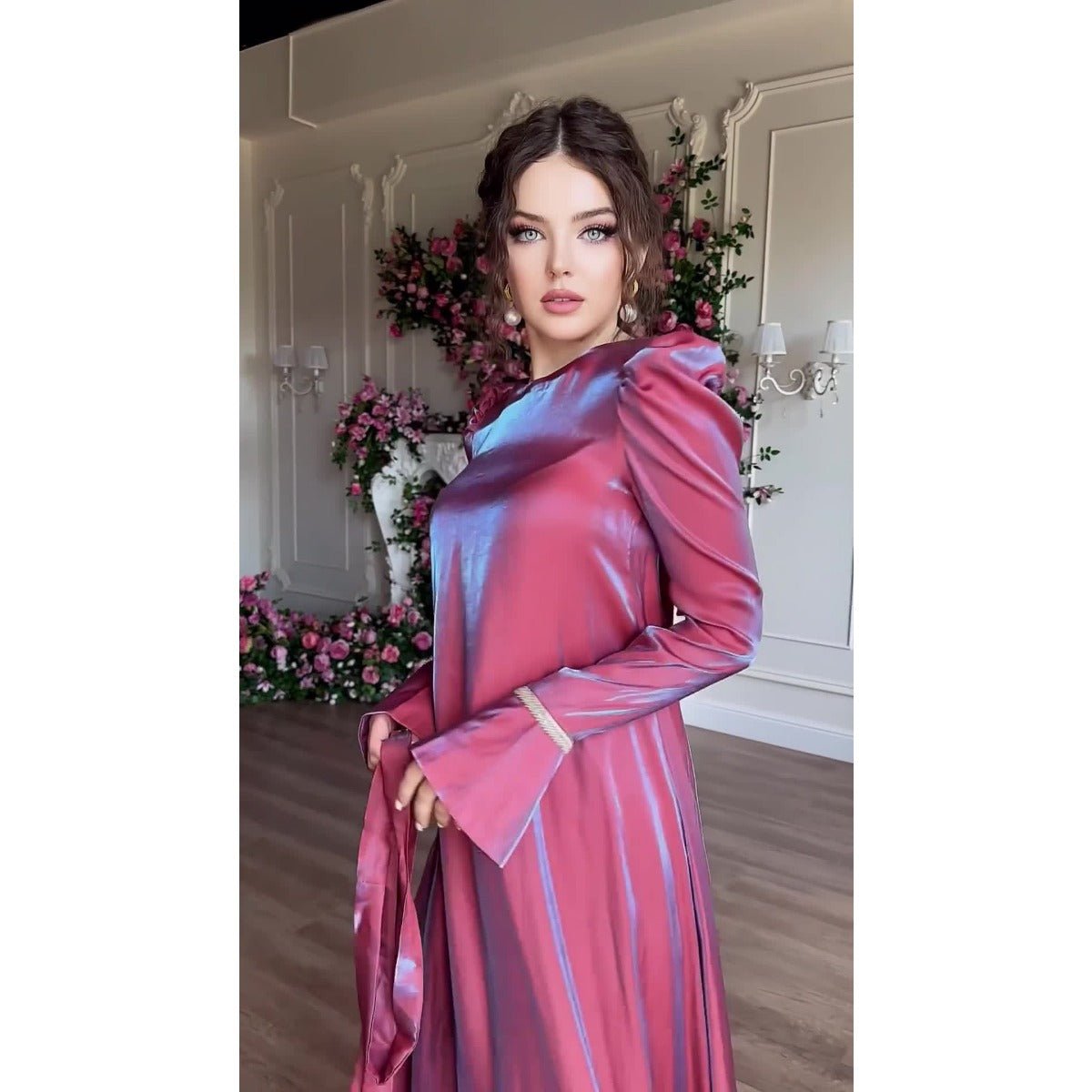 Elegant Burgundy Glitter Satin Long Sleeve Ball Gown with Flared Cuffs (MA223)