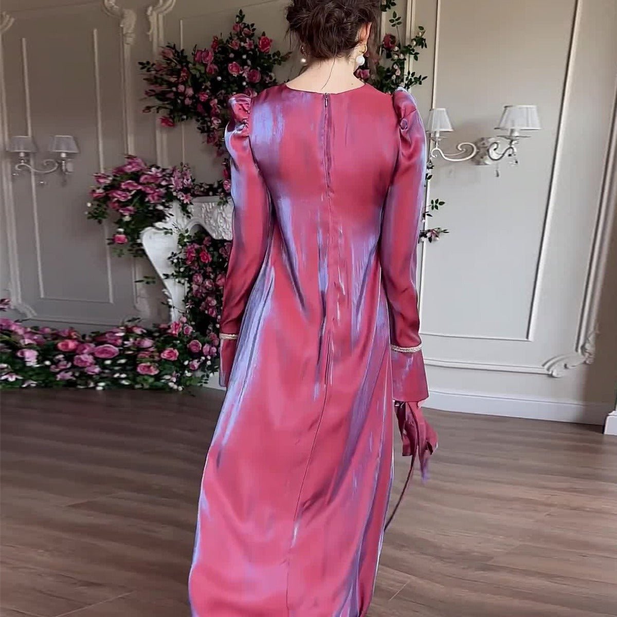 Elegant Burgundy Glitter Satin Long Sleeve Ball Gown with Flared Cuffs (MA223)