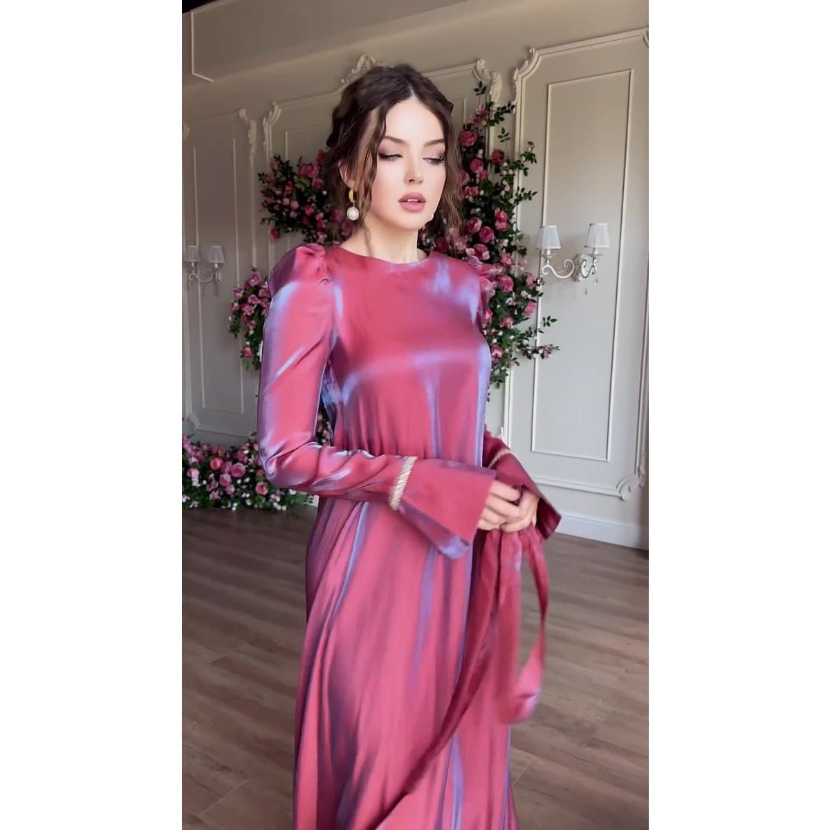 Elegant Burgundy Glitter Satin Long Sleeve Ball Gown with Flared Cuffs (MA223)