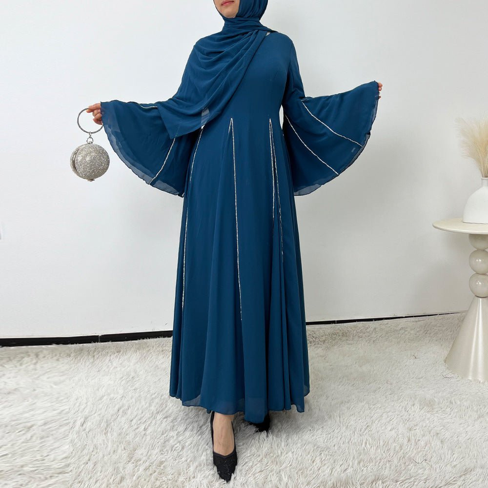 Elegant Chiffon Abaya Set with Hijab | Round Neck Bell Sleeve Maxi Dress with Rhinestone Trim (MA325)