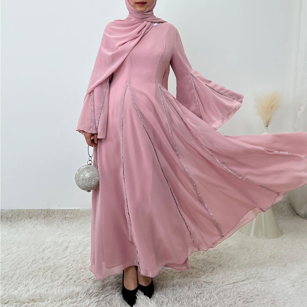 Elegant Chiffon Abaya Set with Hijab | Round Neck Bell Sleeve Maxi Dress with Rhinestone Trim (MA325)