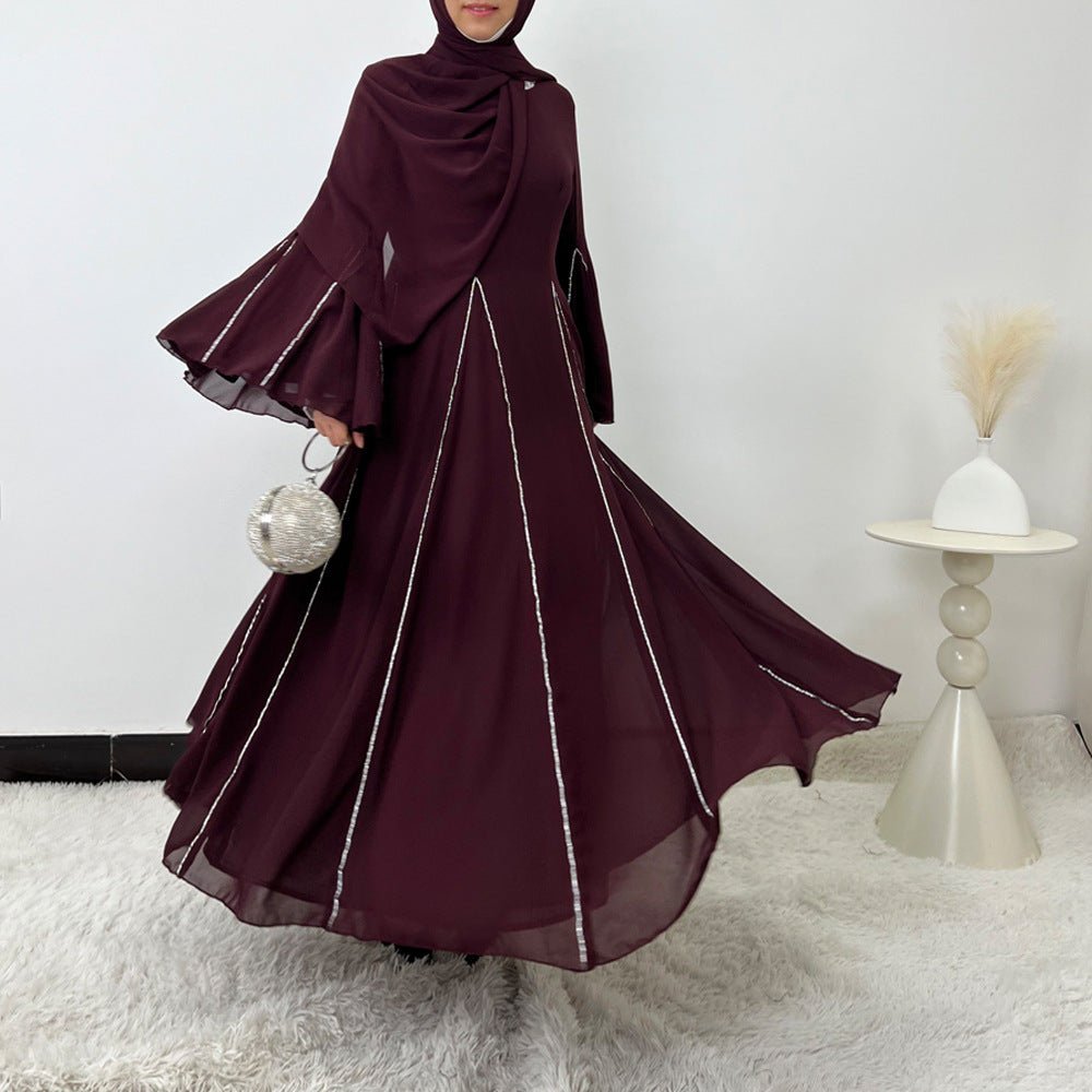 Elegant Chiffon Abaya Set with Hijab | Round Neck Bell Sleeve Maxi Dress with Rhinestone Trim (MA325)