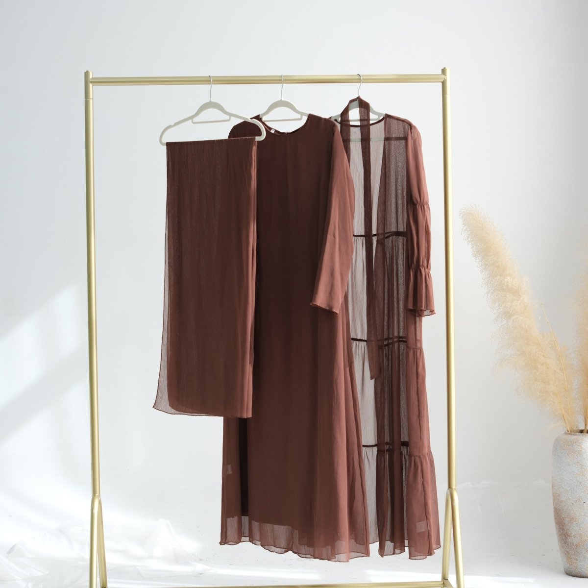 Elegant Chiffon Wrinkle Abaya | Three-Piece Set Modest Muslim Chiffon Abaya (MOA155)