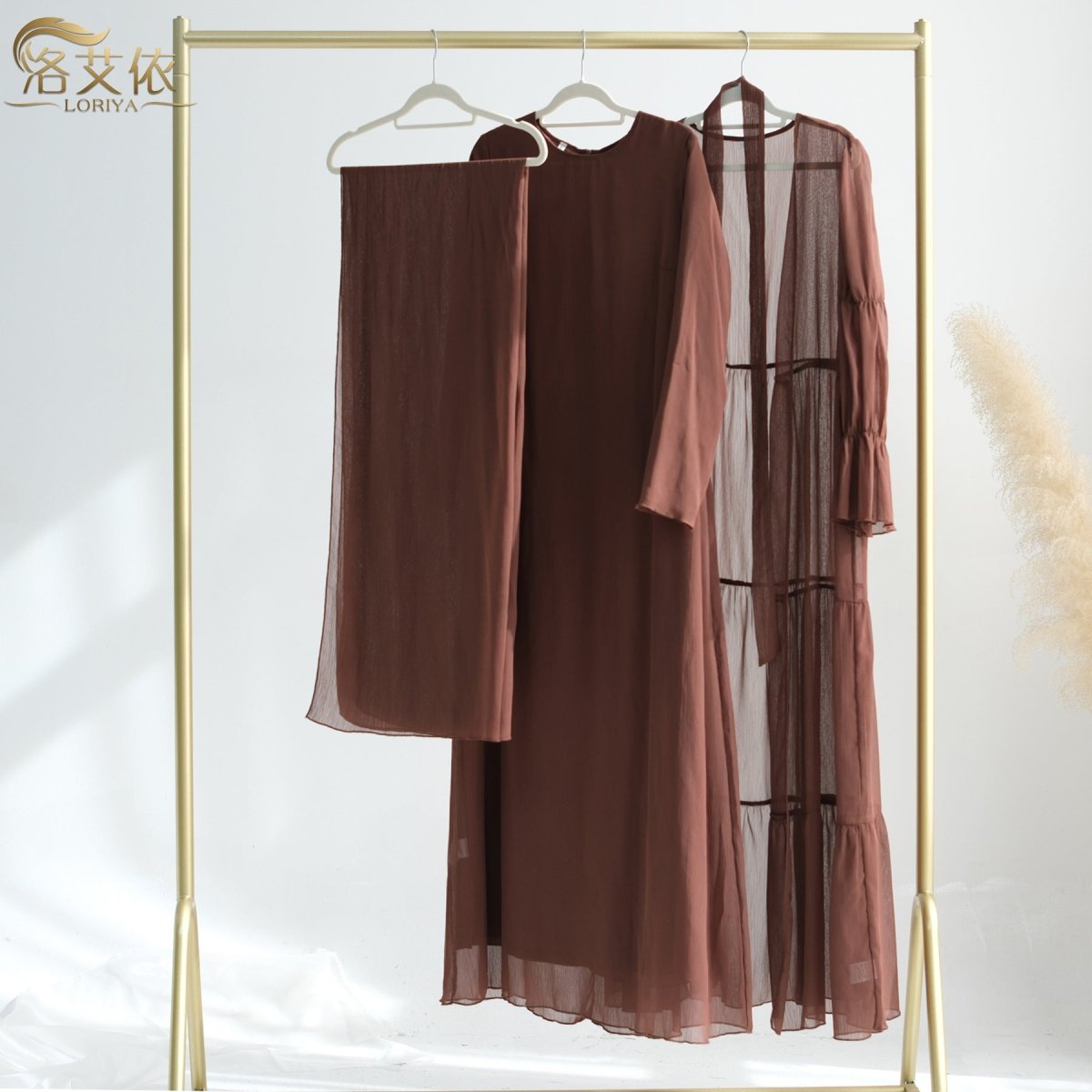 Elegant Chiffon Wrinkle Abaya | Three-Piece Set Modest Muslim Chiffon Abaya (MOA155)