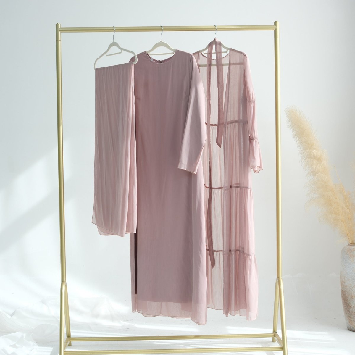 Elegant Chiffon Wrinkle Abaya | Three-Piece Set Modest Muslim Chiffon Abaya (MOA155)