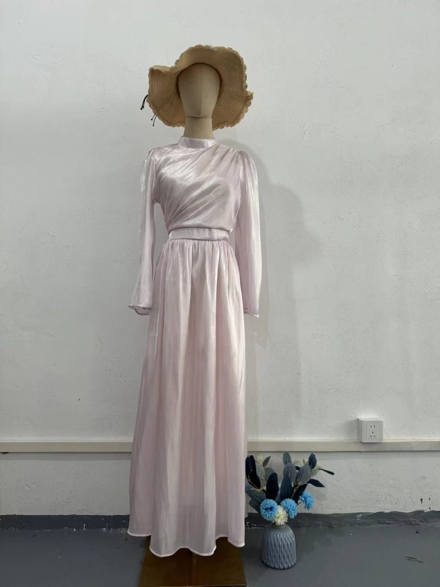 Elegant French Waist Pleated Half-Turtleneck Flared Sleeve Dresses Abaya Wedding Guest Gown (MA199)