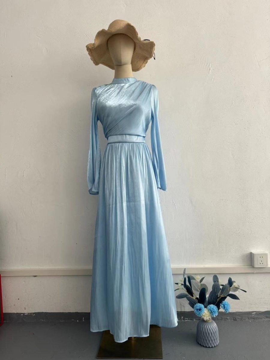 Elegant French Waist Pleated Half-Turtleneck Flared Sleeve Dresses Abaya Wedding Guest Gown (MA199)