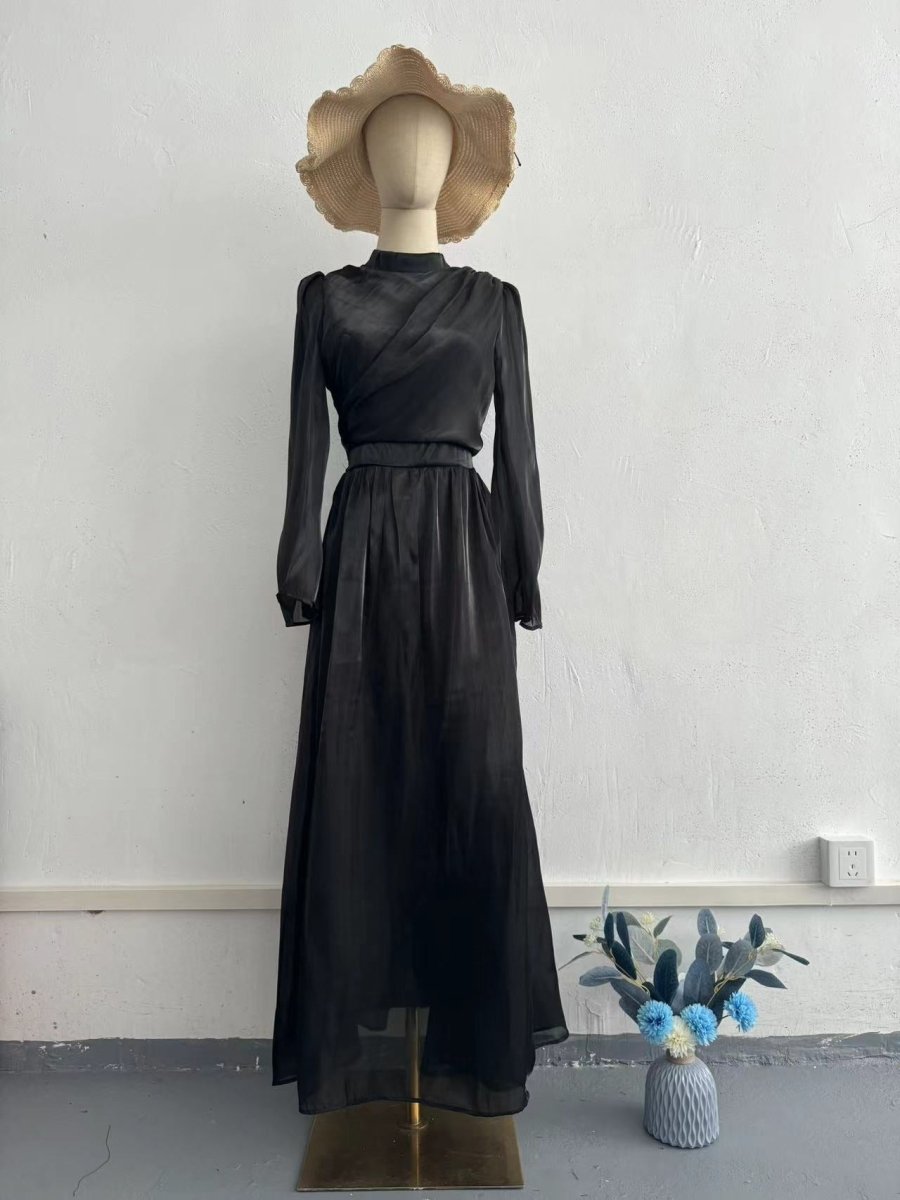 Elegant French Waist Pleated Half-Turtleneck Flared Sleeve Dresses Abaya Wedding Guest Gown (MA199)