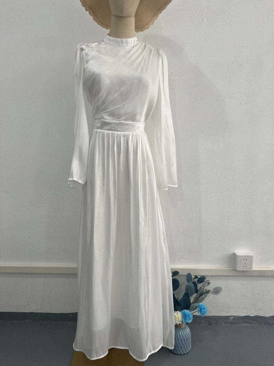 Elegant French Waist Pleated Half-Turtleneck Flared Sleeve Dresses Abaya Wedding Guest Gown (MA199)