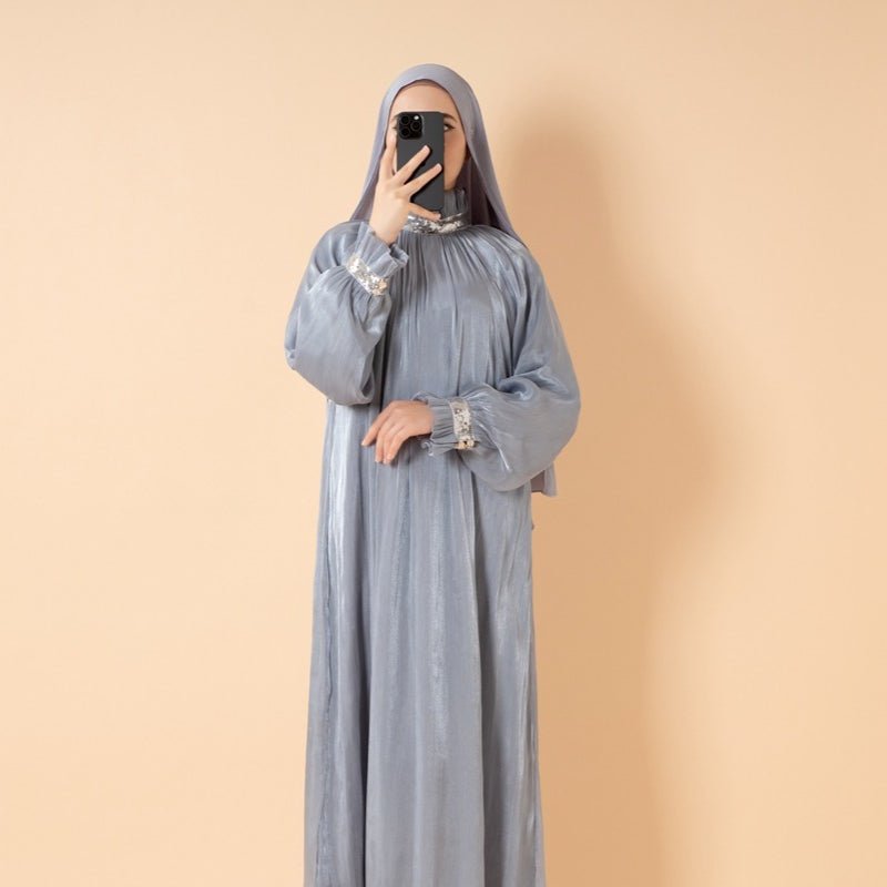 Elegant Glossy Flower Cuff Sequinned Abaya |  Glossy Abaya With Sequins (MA140)