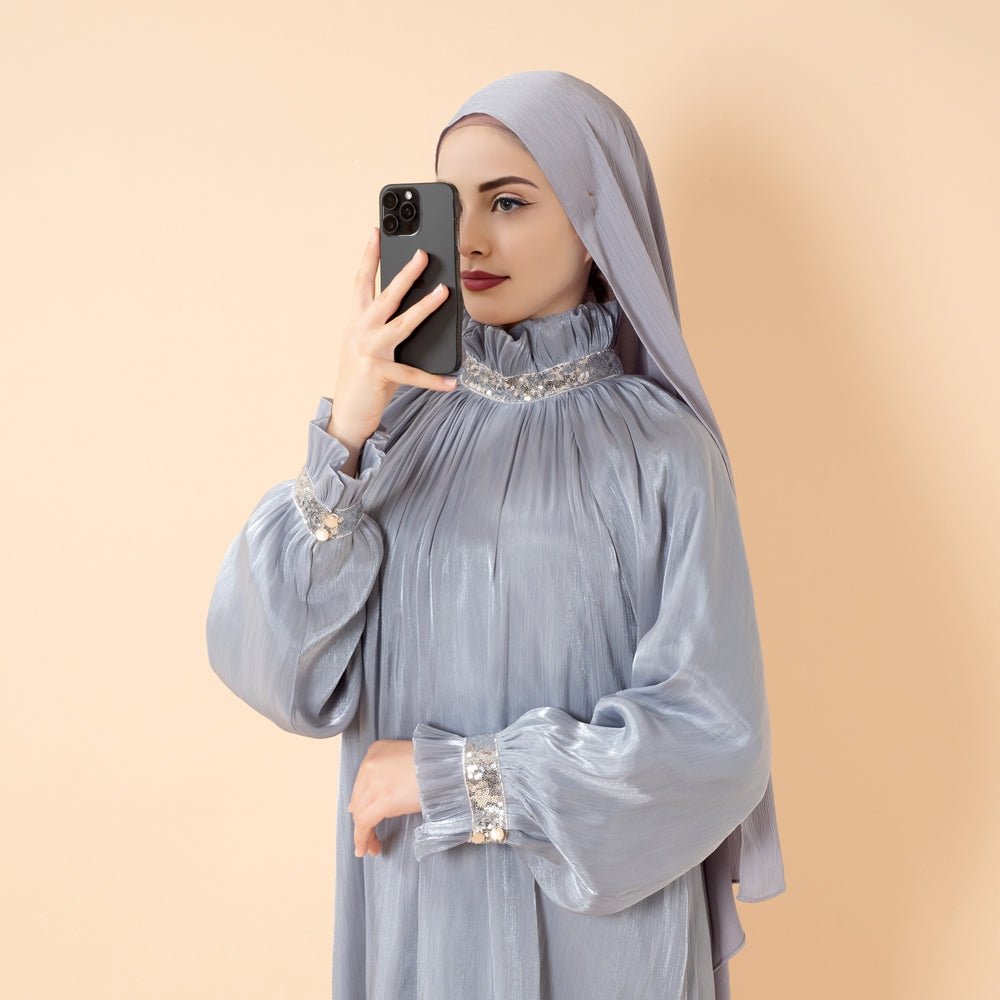 Elegant Glossy Flower Cuff Sequinned Abaya |  Glossy Abaya With Sequins (MA140)
