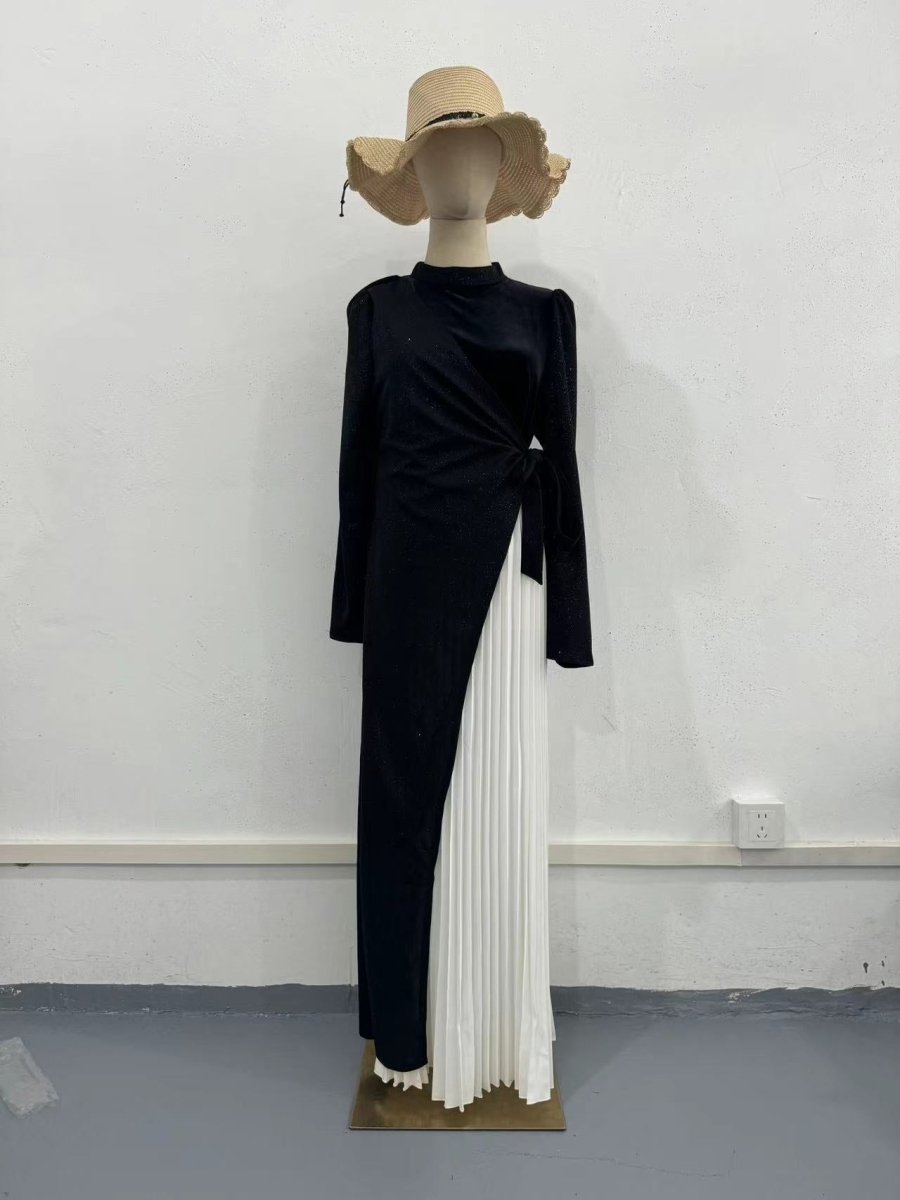 Elegant High Neck Long Sleeve Black & White Spliced Pleated  Dress Abaya with Puffed Shoulders(MA195)
