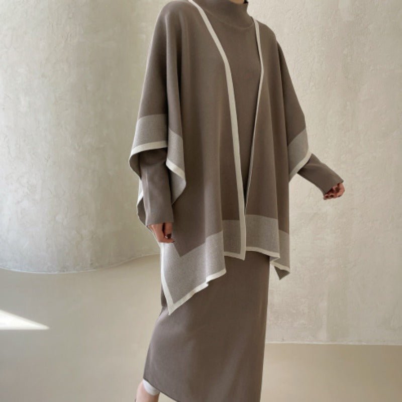 Elegant Knit Shawl & Half-Turtleneck Maxi Dress Set | Two-Piece Modest Outfit(MS117)